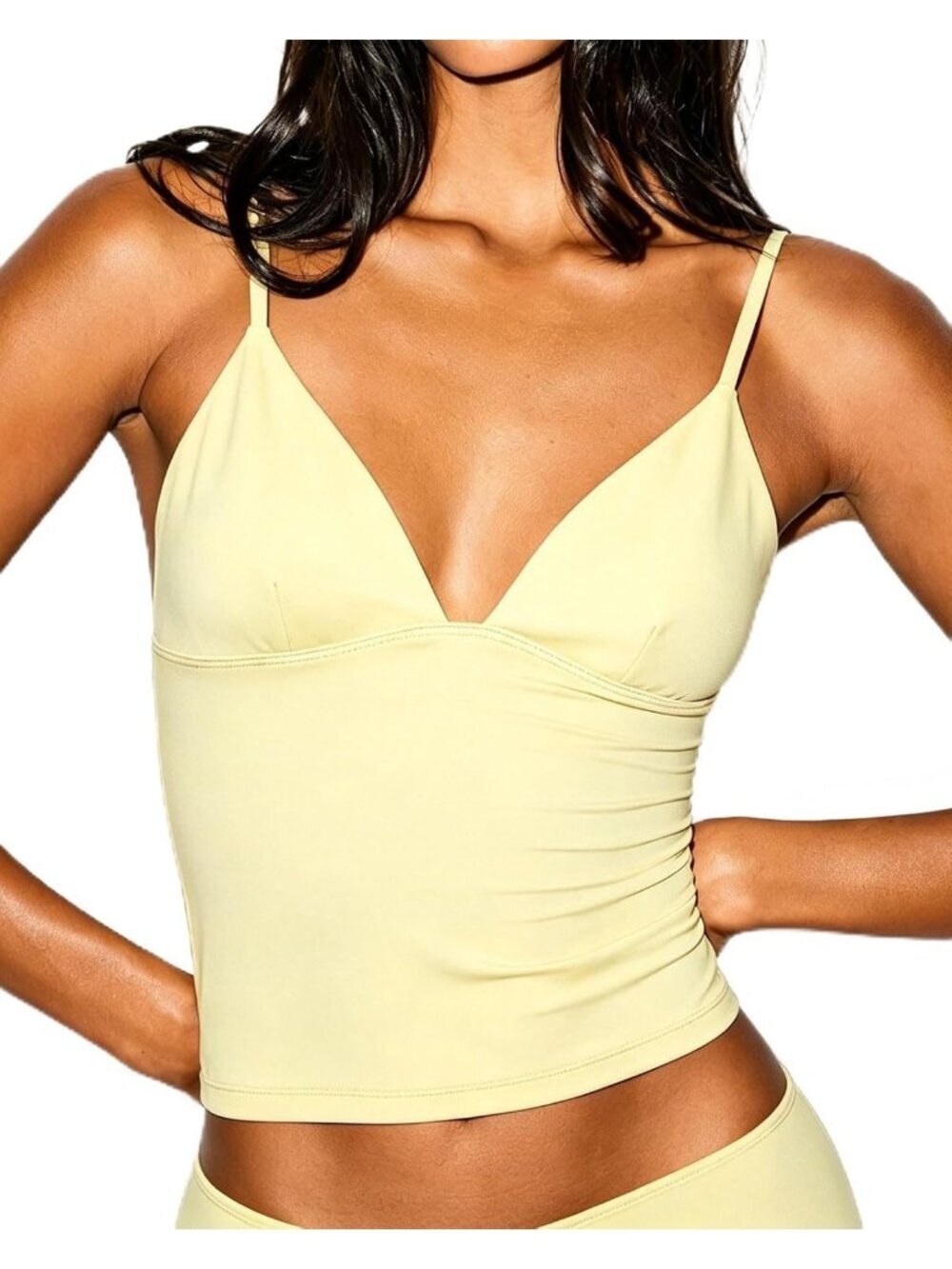 Women Butter Yellow Sleeveless V Neck Double Layer Slim Fitted Imported Tank Top